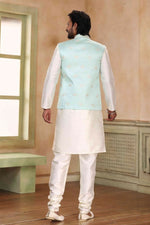 Thumbnail for Raivat Ethnic Jacquard Banarasi Silk Woven Work 3 Pics Jacket Set In Pista Green Colour - Distacart