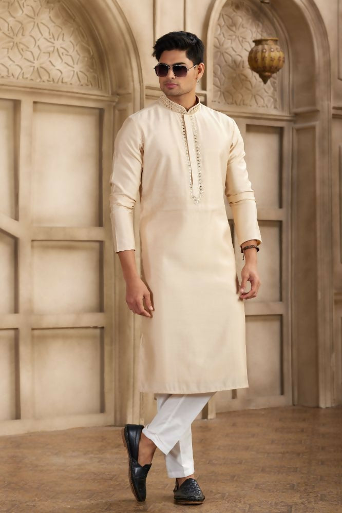 Raivat Ethnic Banarasi Art Silk Mirror Work Kurta Pajama In Beige Colour