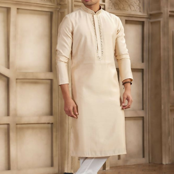 Raivat Ethnic Banarasi Art Silk Mirror Work Kurta Pajama In Beige Colour - Distacart