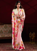 Thumbnail for Vastranavya Peach Satin Silk Floral Printed with Pearl Lace Saree with Unstitched Blouse - Distacart