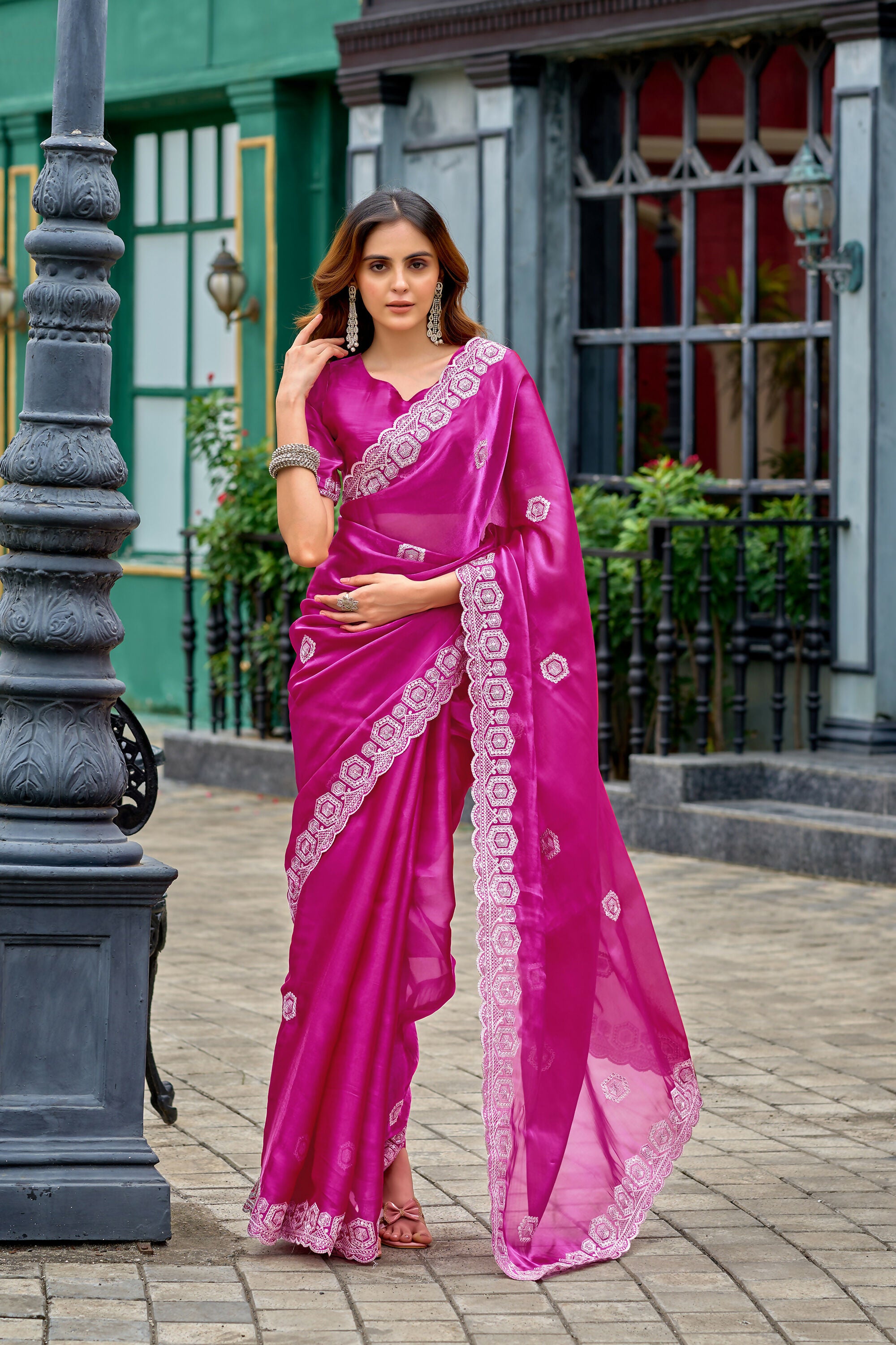 Vastranavya Pink Embroidery Work Shimmer Chiffon Saree with Unstitched Blouse