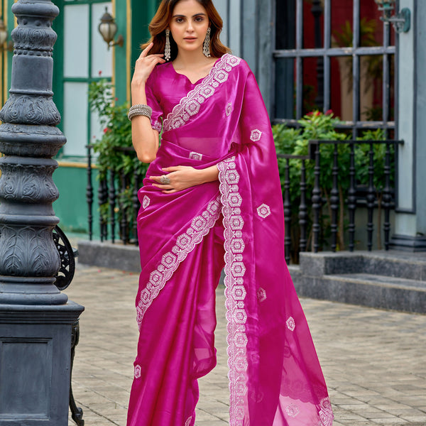 Vastranavya Pink Embroidery Work Shimmer Chiffon Saree with Unstitched Blouse