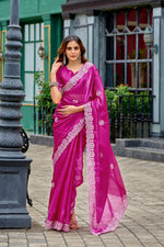 Thumbnail for Vastranavya Pink Embroidery Work Shimmer Chiffon Saree with Unstitched Blouse