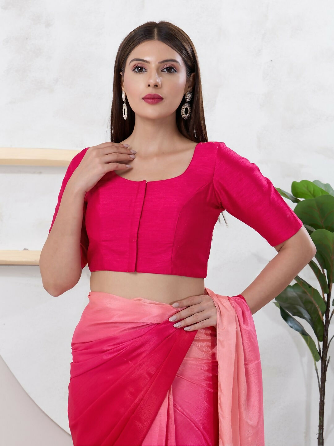 Joban Fashion Tomato-Pink Dupion Silk Elbow Sleeveless Front Open Blouse