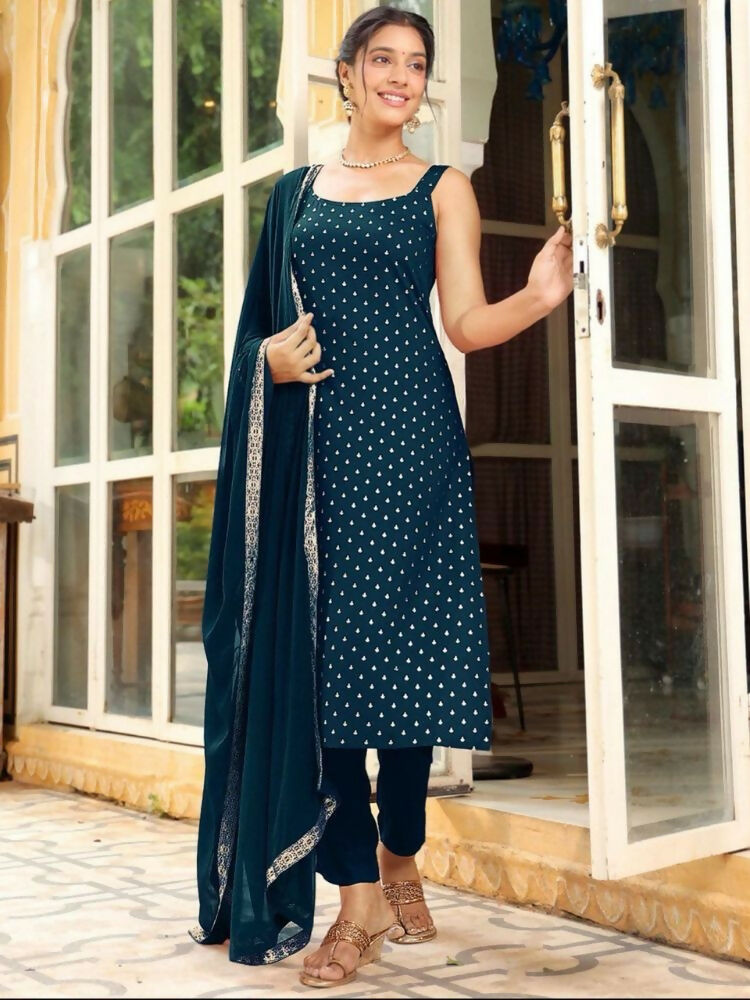 Teeya Creation Womens New Elegant Teal Embroidered Kurti with Matching Bottom Set - Dista