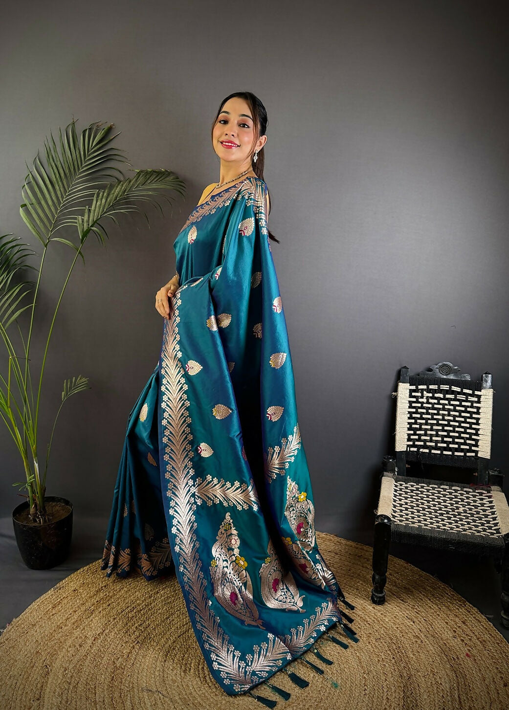 Joban Fashion Banarasi Sea Blue Woven Soft Silk Saree
