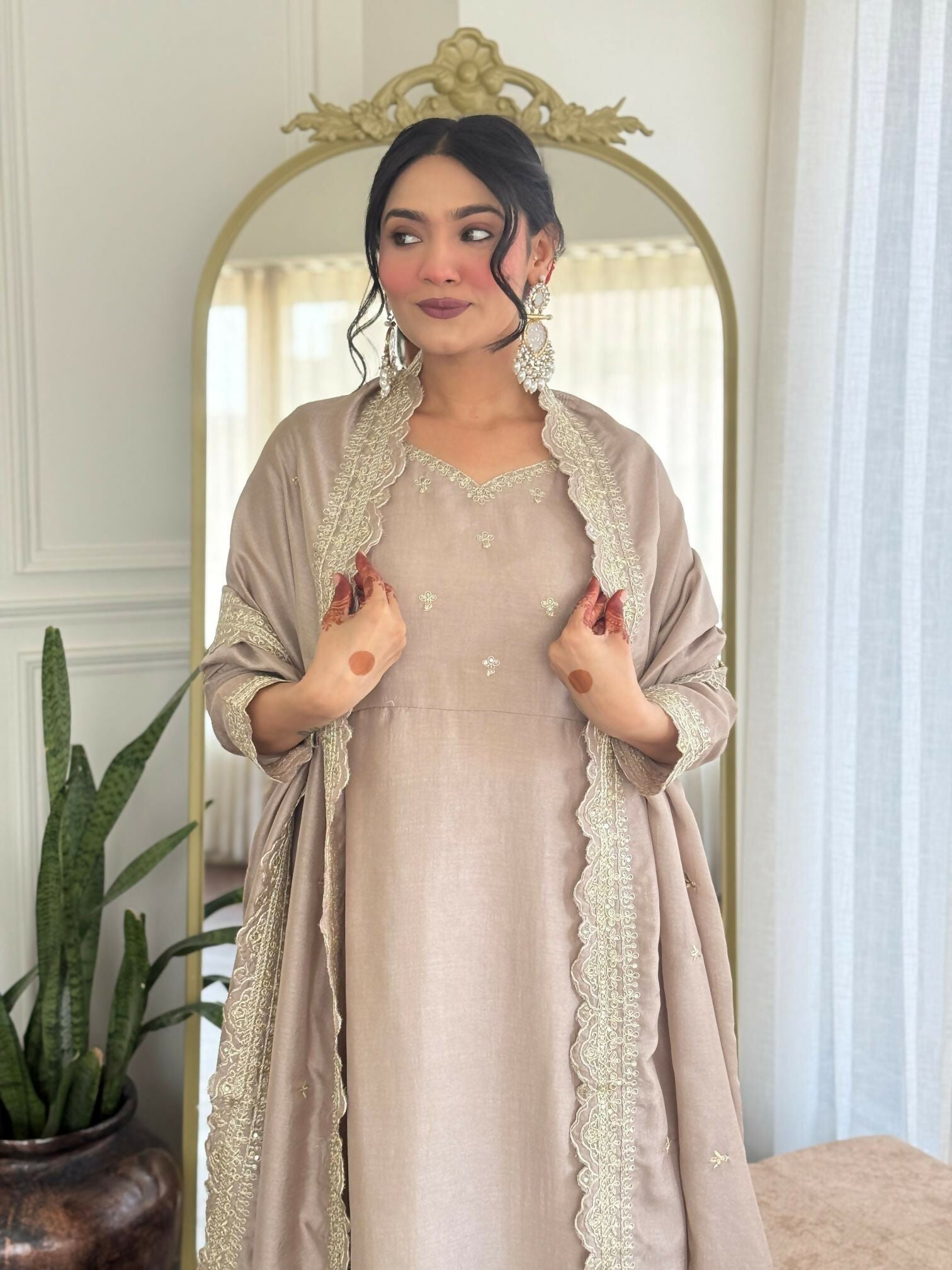 The52 CreamWomen's Gorgeous Vichitra Silk Fabric Embroidered Work Flared Anarkali Pant and Dupatta Set