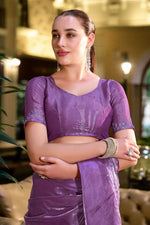 Thumbnail for Vastranavya Lavender Embroidery Work Shimmer Chiffon Saree with Unstitched Blouse