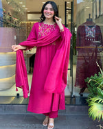Thumbnail for The52 Pink Women's Gorgeous Chanderi Fabric Embroidered Work Straight Kurta Pant and Dupatta Set - Distacart
