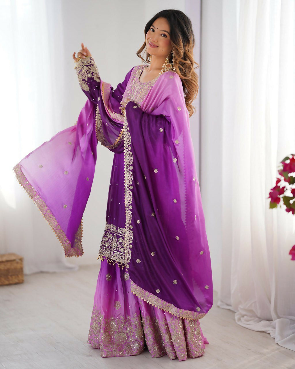 The52 Women's Beautiful Chinon silk Fabric Embroidery Work Straight Kurta Palazzo and Dupatta Set - Distacart