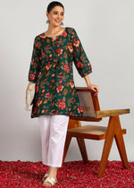 Thumbnail for Aavyora Women's Green Floral Printed Flared Tunic