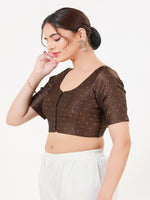 Thumbnail for Joban Fashion Brown Taffeta Silk Elbow Sleeveless Front Open Blouse
