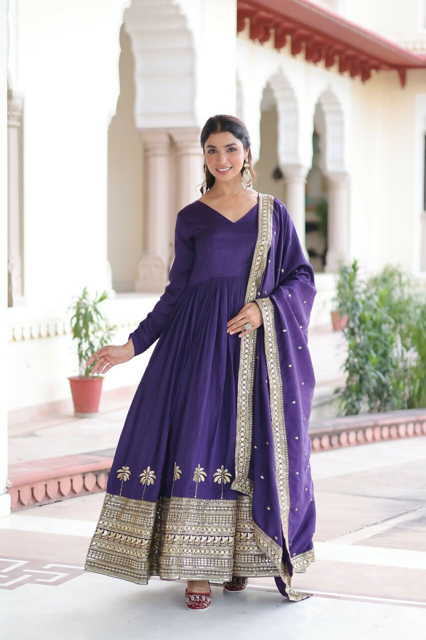 Teeya Creation Womens New Fancy Vichitra Silk With Rich Sequins Embroidered Work Gown Set - Dista