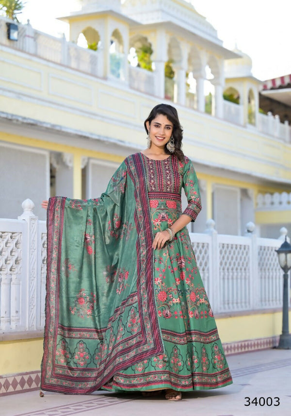 Partywear Designer parrot Dola Silk Anarkali suit with Dupatta - Suzen - Distacart