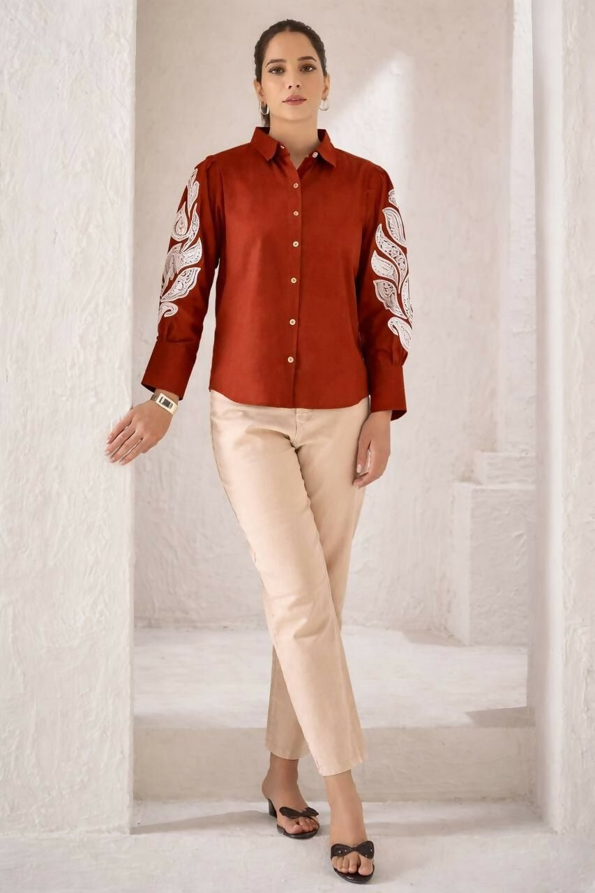 Teeya Creation Women Trendy Rust Cotton Button-Down Top with White Contrast Embroidered Sleeves - Dista