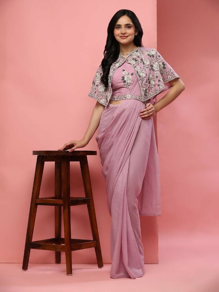 Pink Chiffon Solid Ready to wear Saree with stitched Blouse - Aayan - Distacart