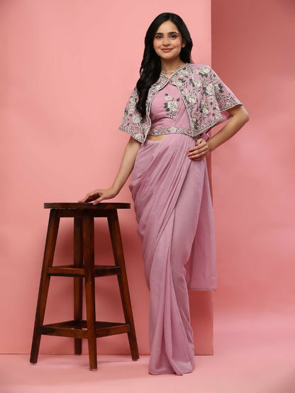Pink Chiffon Solid Ready to wear Saree with stitched Blouse - Aayan - Distacart