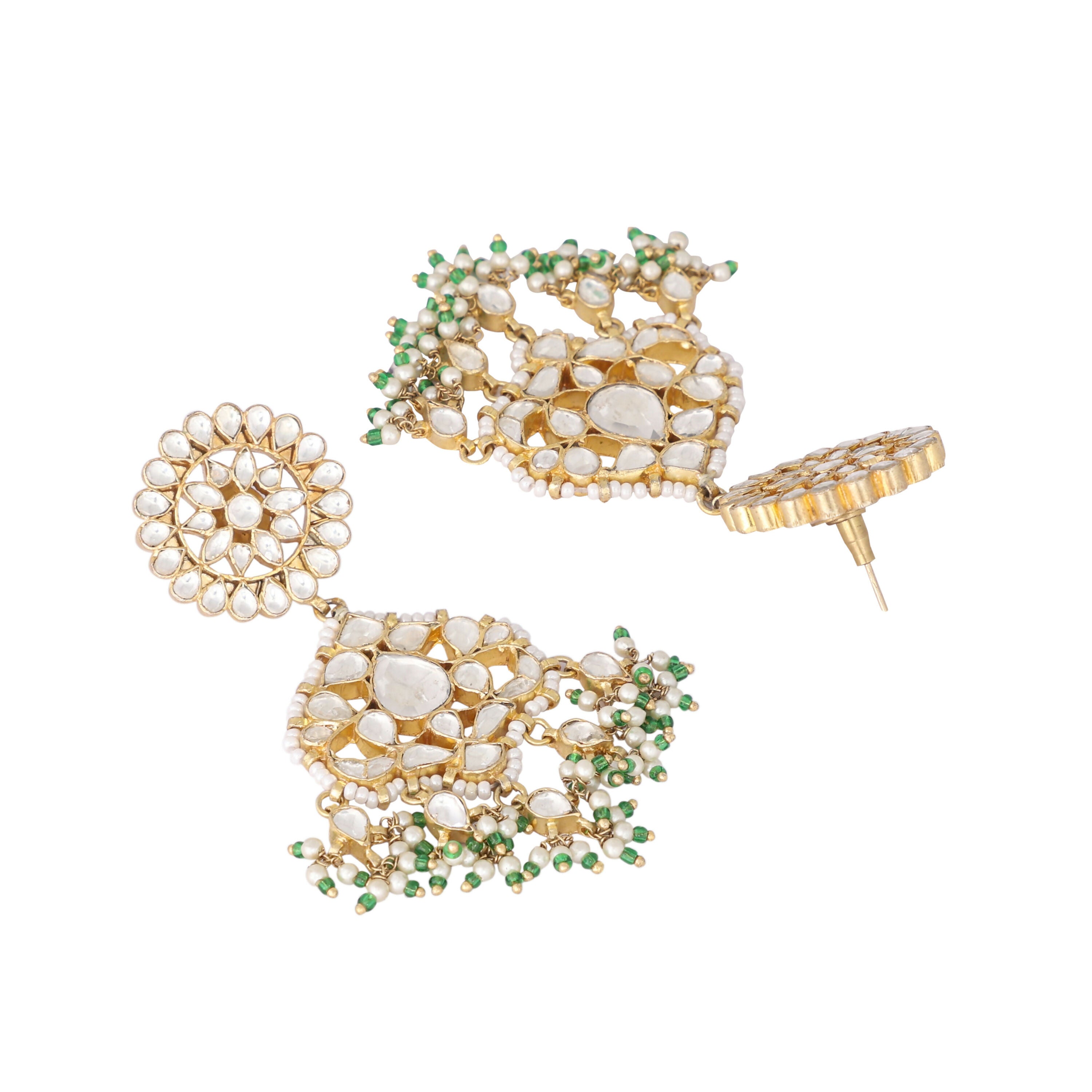Nuyug 22K Gold Plated Traditional Kundan Studded Contemporary Dangler Earrings with Pearl and Green Bead Accents