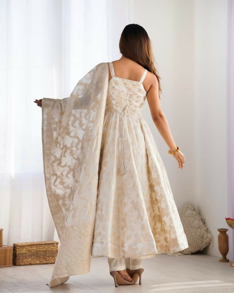 Lehenga Mart Designer Anarkali Suit With Kurta, Pant, Dupatta For Women-Off White - Distacart