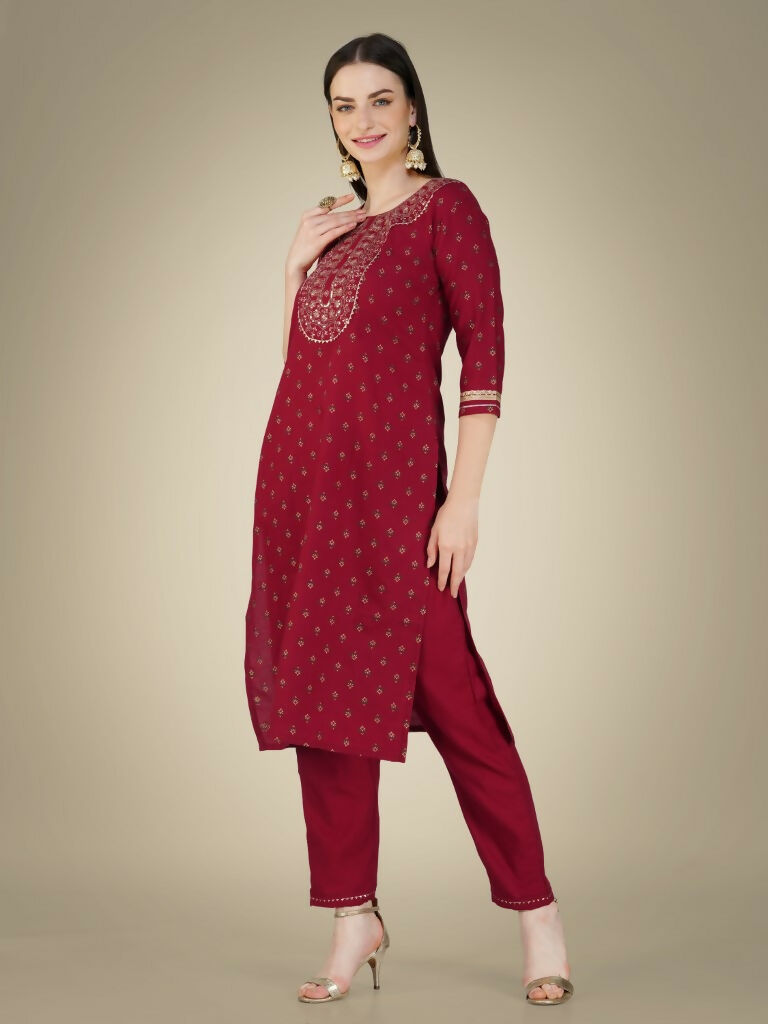 Jyoti Fashion Women's Maroon Cotton Magic Slub Embroidery & Sequence work Kurta with Trouser & Dupatta - Distacart