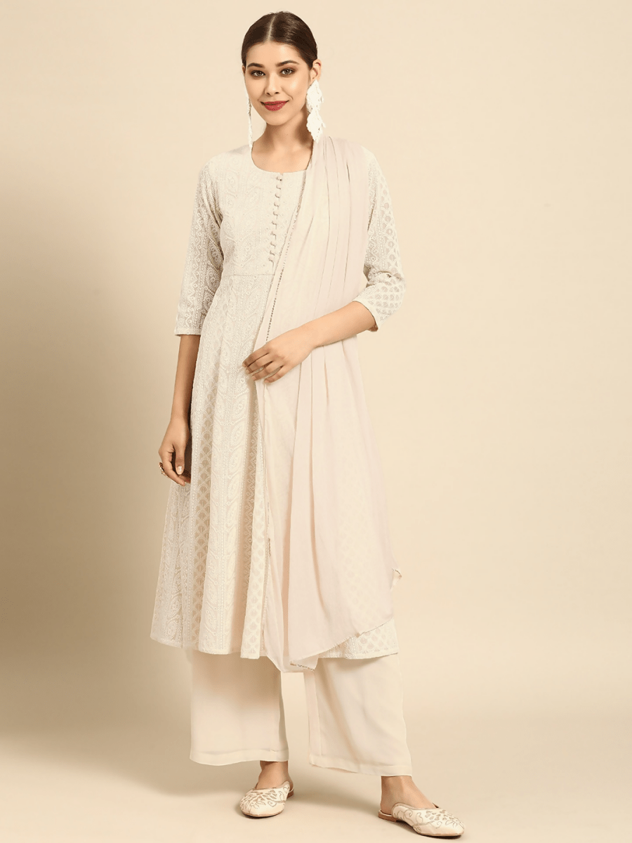 Anouk Women Off White Embroidered Sequined Panelled A-Line Kurta Palazzos & With Dupatta - Distacart