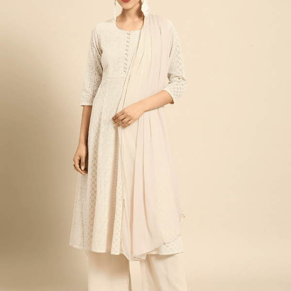Anouk Women Off White Embroidered Sequined Panelled A-Line Kurta Palazzos & With Dupatta - Distacart