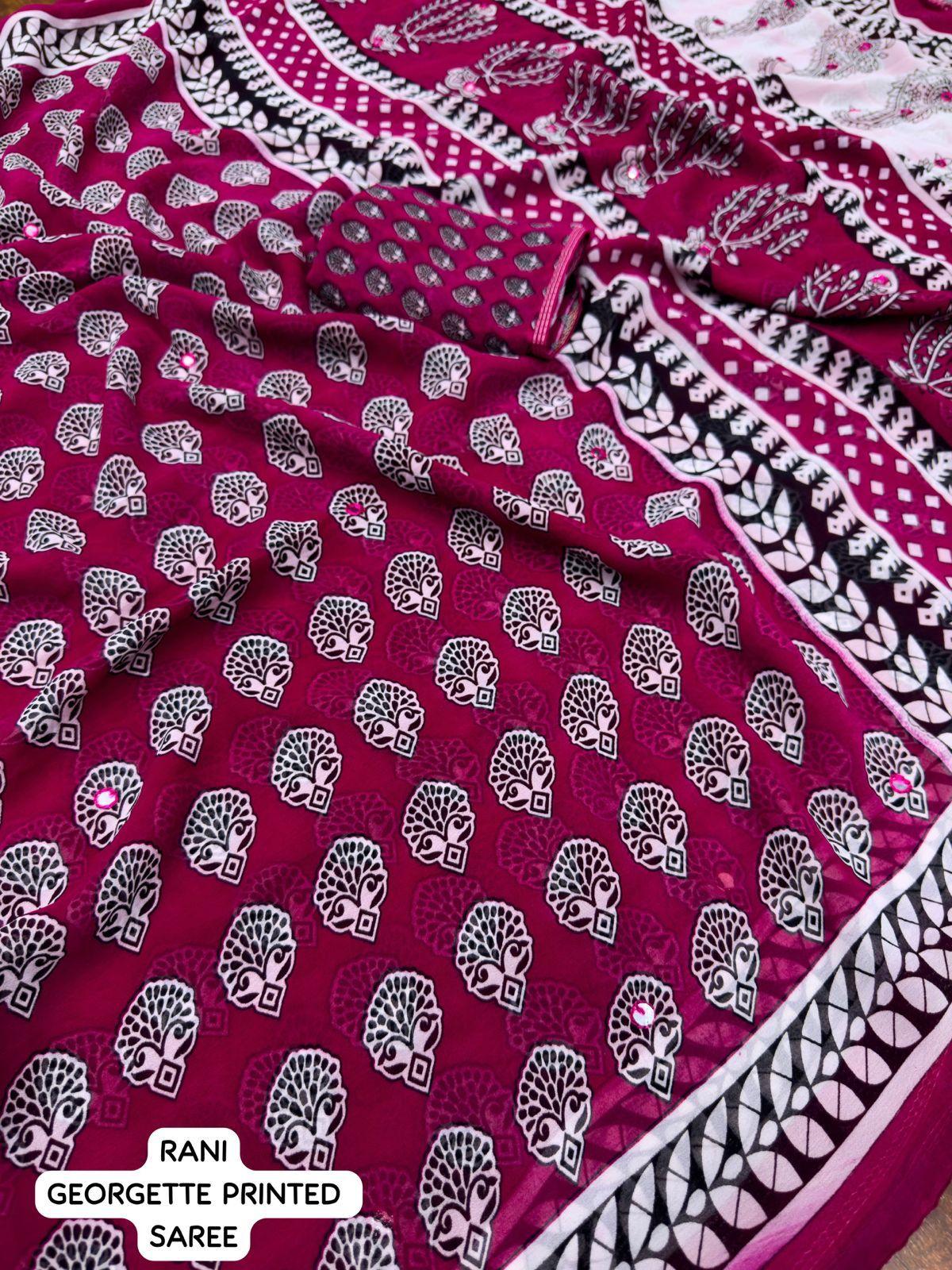 Rani Poly Georgette Ajrak Saree with Unstitched Blouse - Hiral Fashion - Distacart