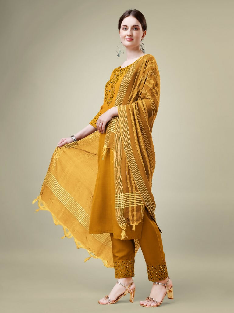 Jyoti Fashion Women's Mustard Cotton Blend Embroidery & Sequence work Kurta with Trouser & Dupatta - Distacart