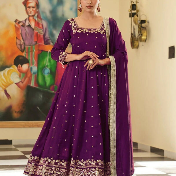 Teeya Creation Wine Color Pure Vichitra Silk Embroidery Work Party Wear Gown - Distacart