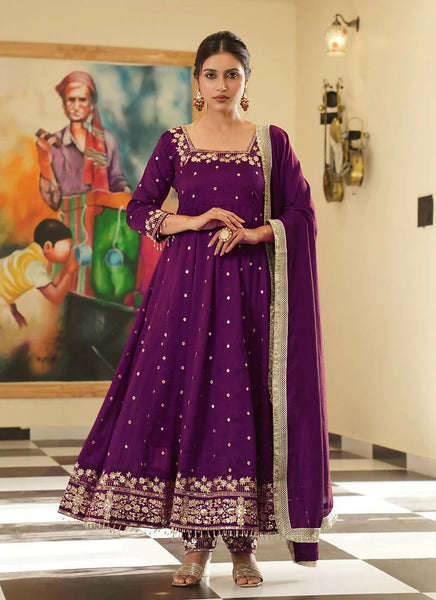 Teeya Creation Wine Color Pure Vichitra Silk Embroidery Work Party Wear Gown