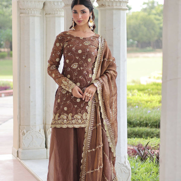 Joban Fashion Coffee Readymade Kurta Set With Sequence embroidery Work