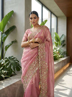 Thumbnail for Joban Fashion Pink Fandy Satin Silk Party Wear Sarees - Distacart