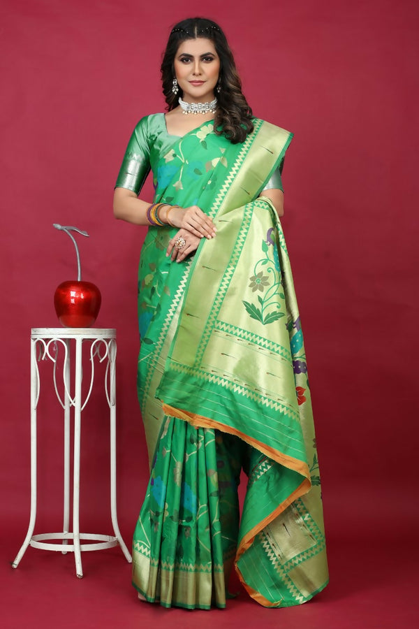Jyoti Fashion Women's Green Paithani Silk Zari Woven Saree with Blouse - Distacart