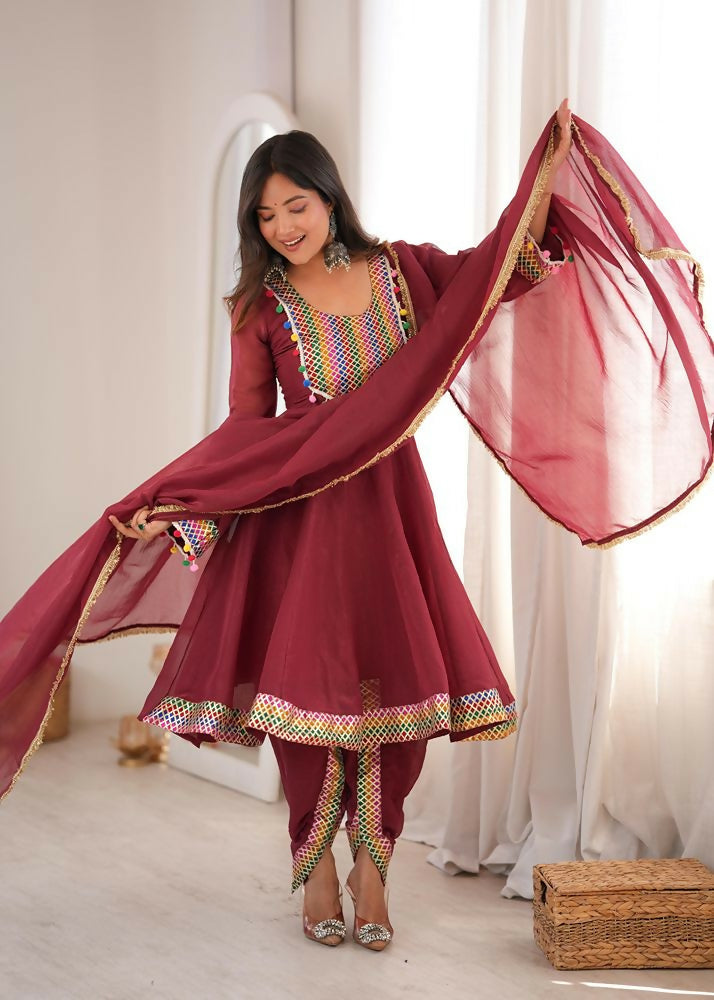 Teeya Creation New Women's Maroon Designer Peplum Kurti with Dhoti Salwar and Multicolor Embroidered Border - Dista