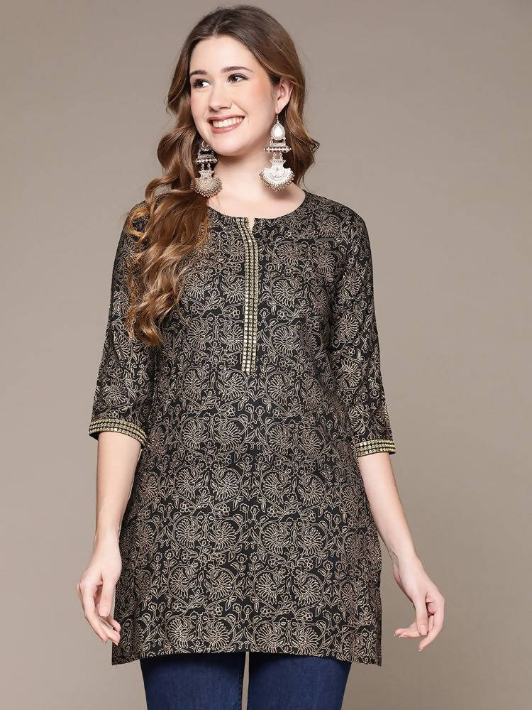 Anubhutee Black & Gold-Toned Ethnic Motifs Printed Kurti - Distacart