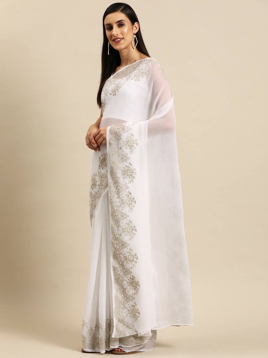 Ahalyaa Women's Traditional Semi Stitch Saree - White - Distacart