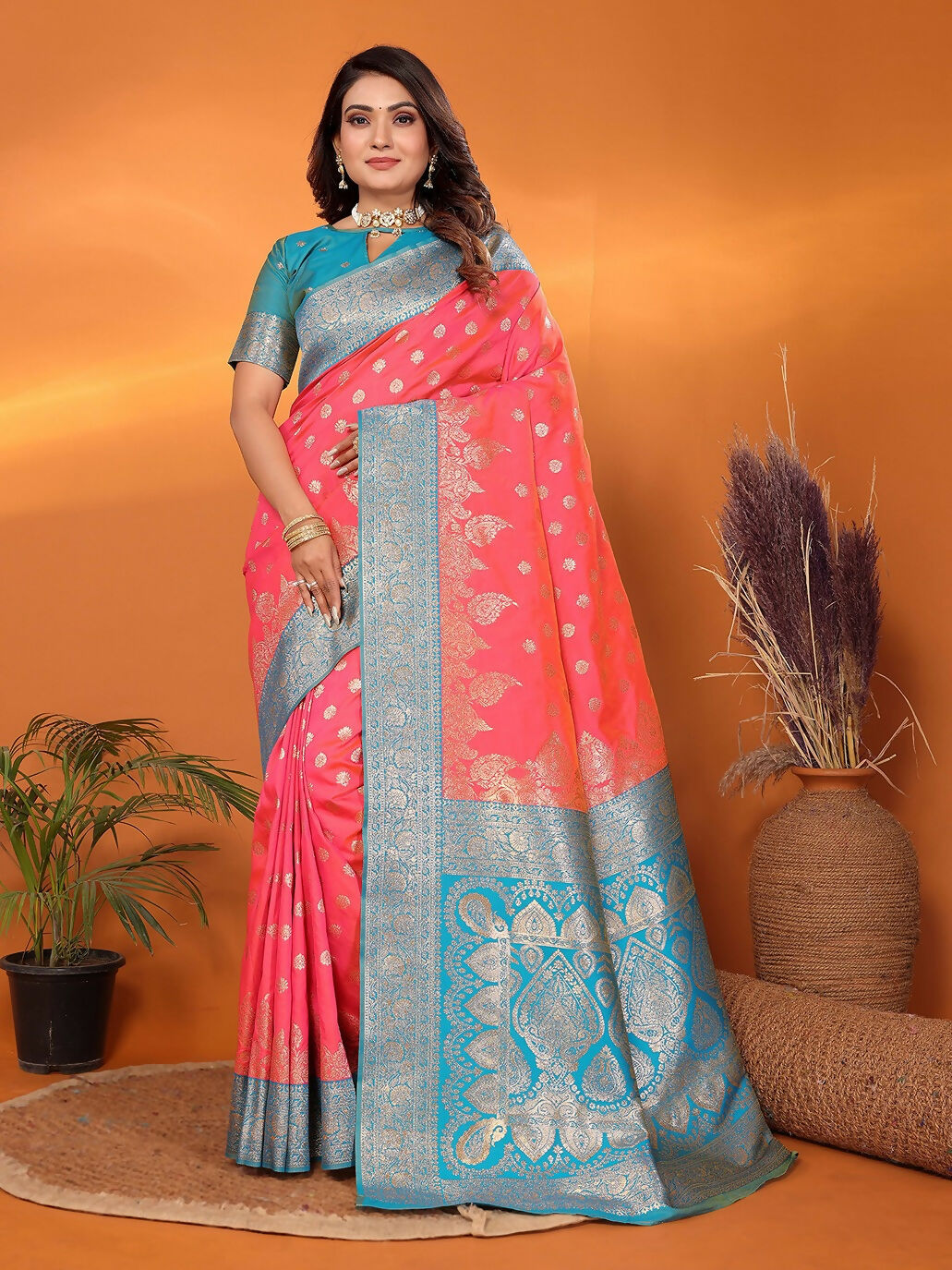 Joban Fashion Banarasi Pink Woven Soft Silk Saree