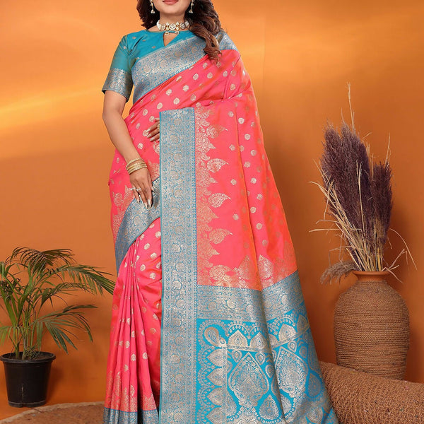 Joban Fashion Banarasi Pink Woven Soft Silk Saree - Distacart