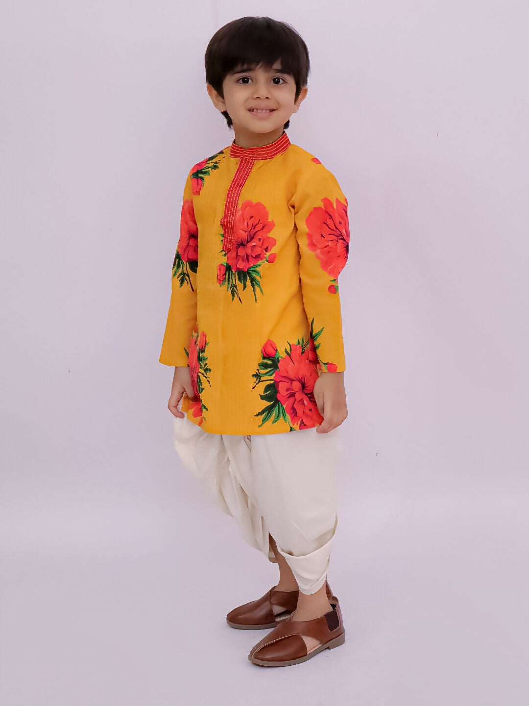 Lil Drama Genda Phool Mustard Kurta and White Dhoti Set for Boys