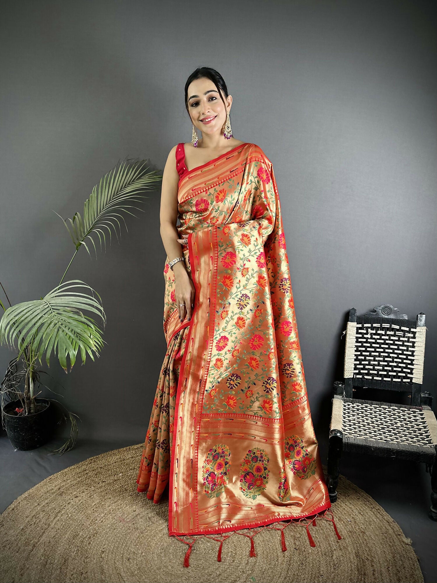Joban Fashion Light Orange Multi-Colored Floral Motifs Soft Silk Paithani Saree - Distacart
