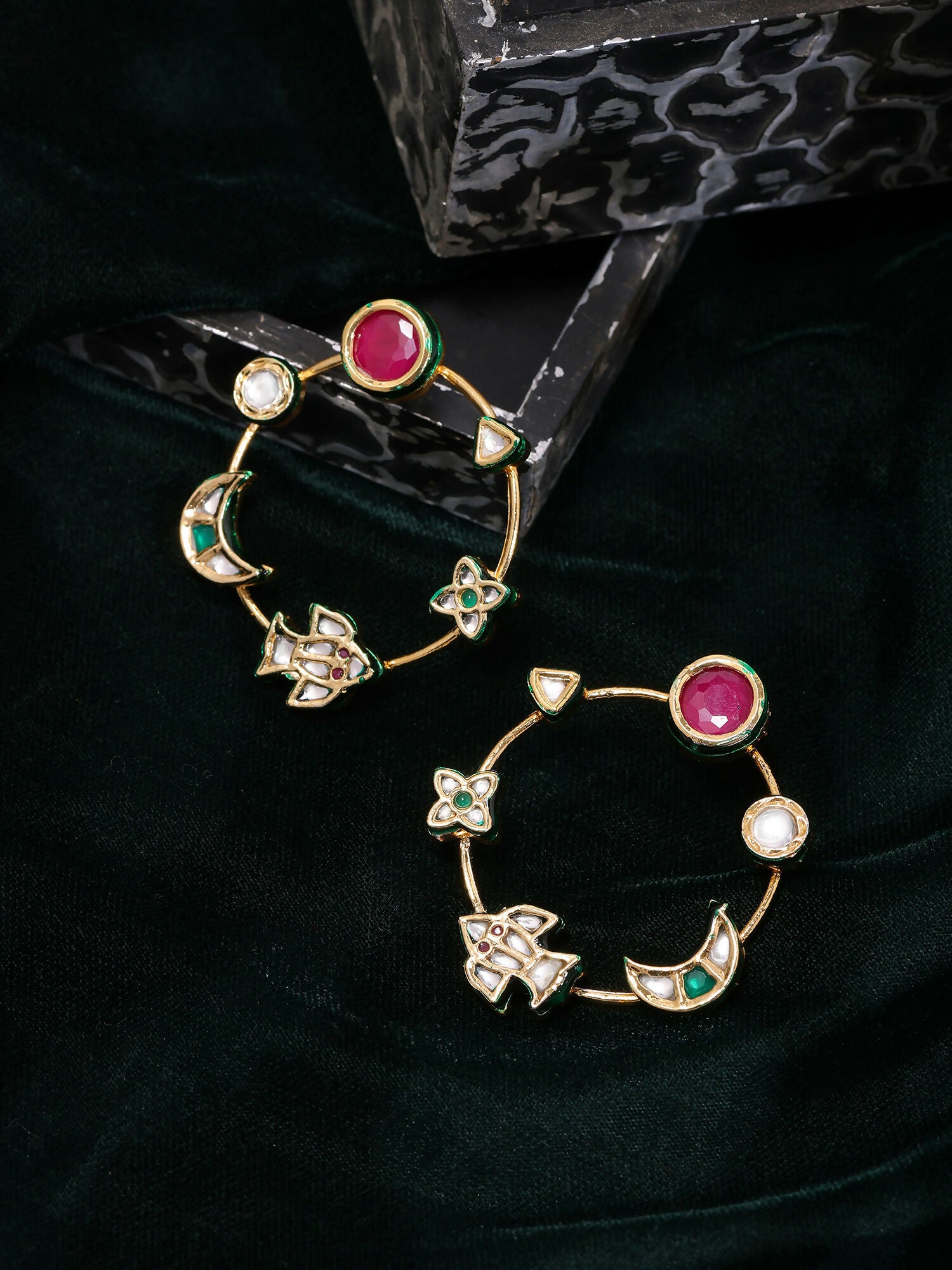 Ruby Raang Gold Polished Kundan Work Multi-Color Round Kundan Earrings