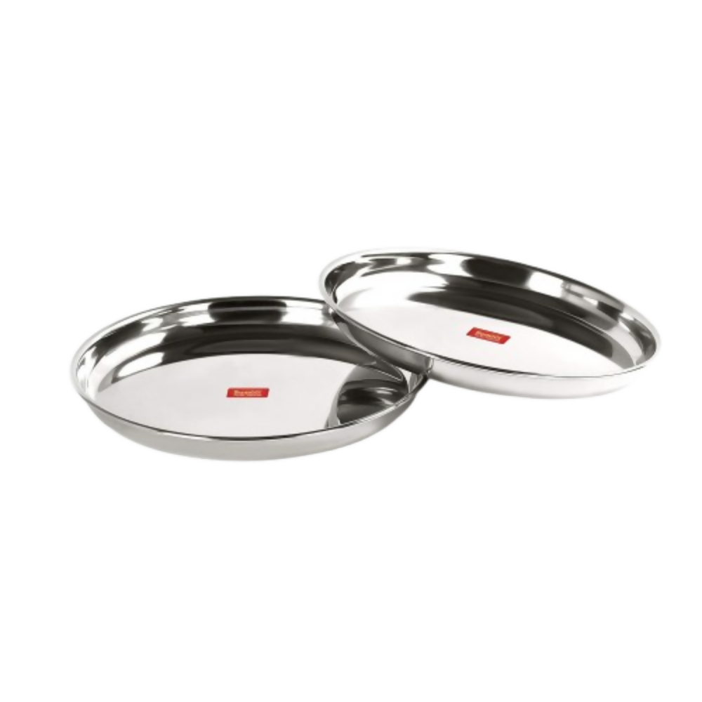 Sumeet Stainless Steel Heavy Gauge Deep Wall Dinner Plates with Mirror Finish - Dista