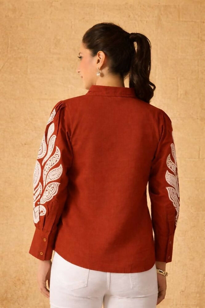 Teeya Creation Women Trendy Rust Cotton Button-Down Top with White Contrast Embroidered Sleeves - Dista