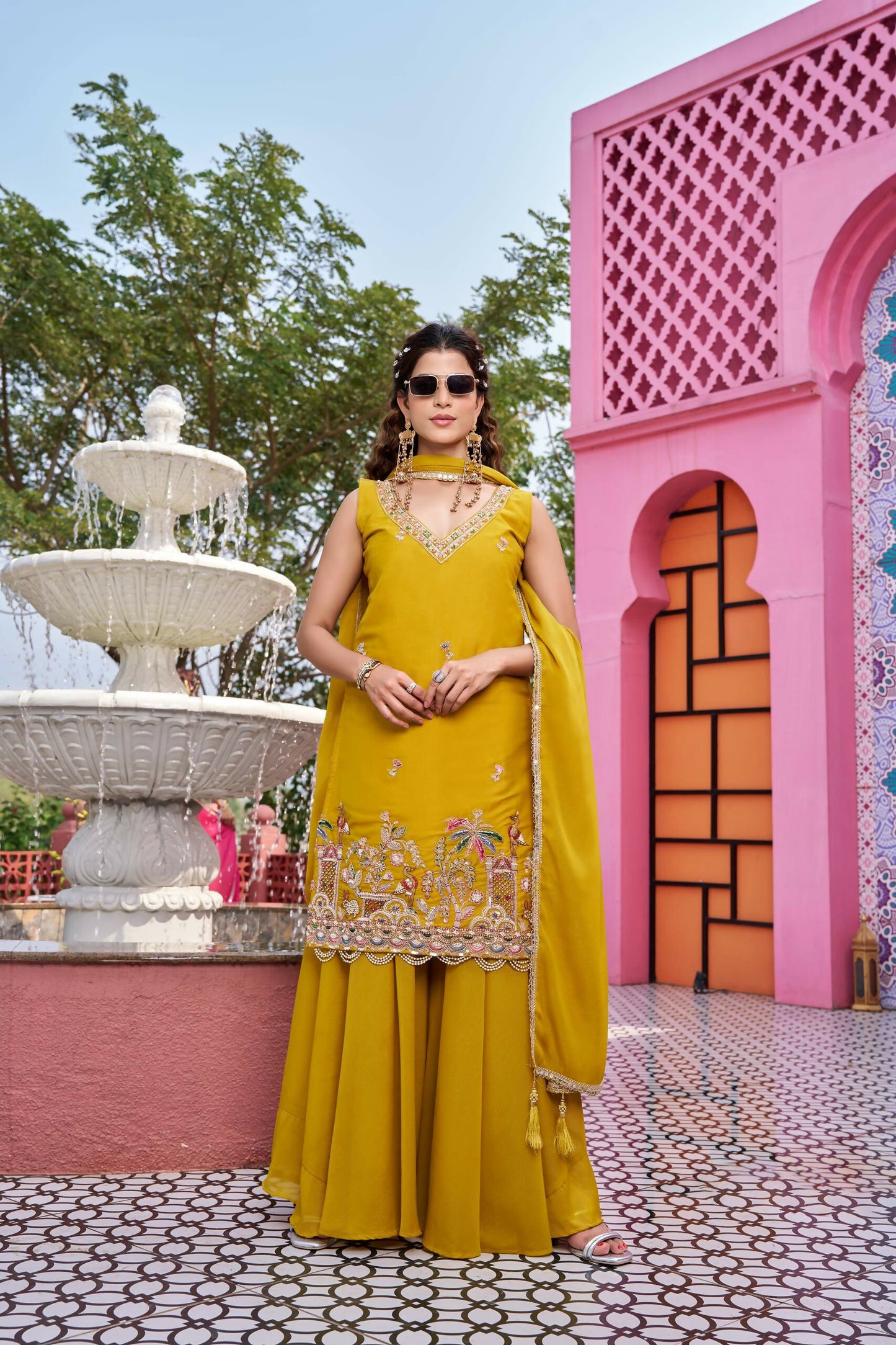 Teeya Creation Womens New Stylish Moti Beads With Cording Sequence Thread Embroidery Work Yellow Kurta Set - Dista