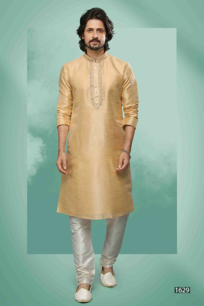 Raivat Ethnic Art Silk Mirror Embroidery Work Kurta Pajama In Beige Colour - Dista