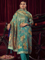 Thumbnail for Aastha Fashion Women's Turquiose Organza Jacquard Woven Kurta with Trouser & Dupatta - Distacart