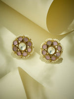 Thumbnail for Nuyug 22K Gold-Plated Pink Kundan Studded & Beaded Floral Shaped Studs