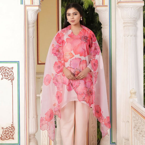 Vaasva Women Ivory Tabby Slik Print & Embroidered Kurta, Pant & Dupatta set - Distacart