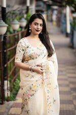 Thumbnail for Cream Pure Linen Ethnic Motifs Saree with Unstitched Blouse - Hiral Fashion - Distacart