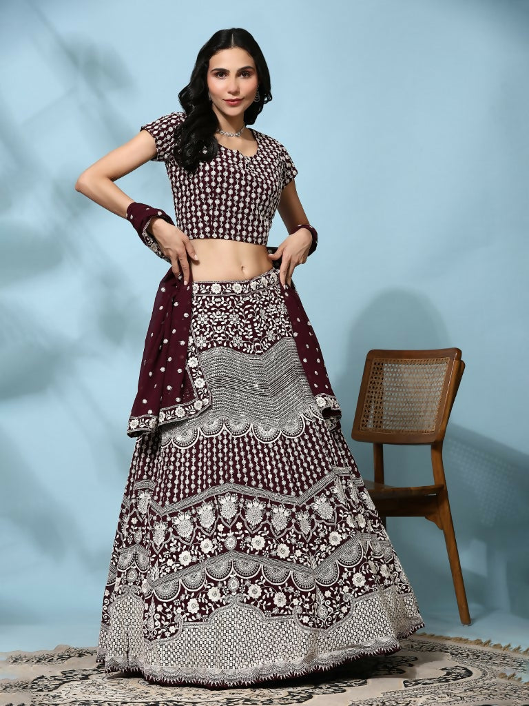 Brown Georgette Thread Embroidered Lehenga Choli with Dupatta - Tanya - Distacart